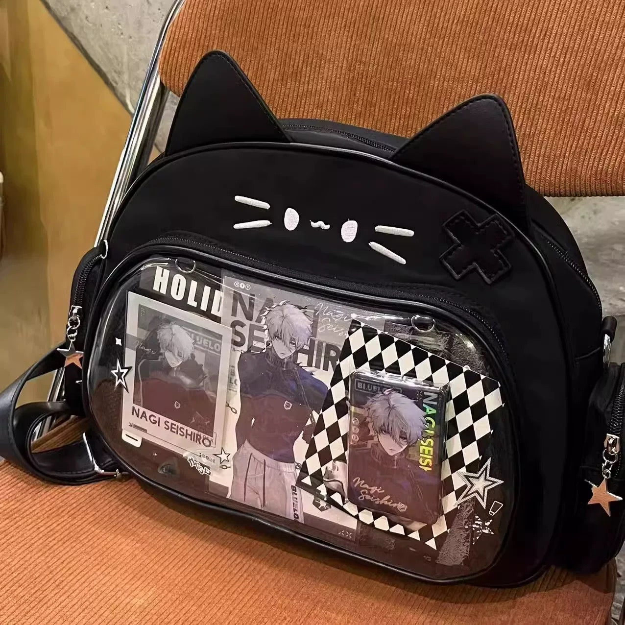 Kawaii Cat Whiskers Embroidery Ita Backpack Clear Window Display Bag Cute Anime Style